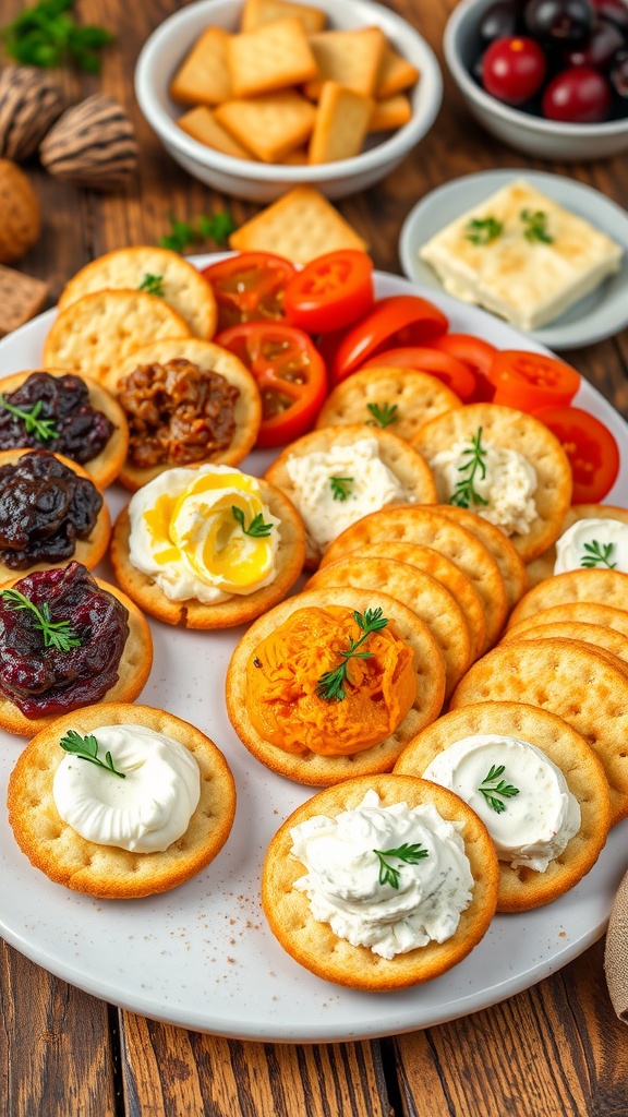 An elegant platter of appetizers with cream cheese on crackers, garnished with herbs, on a rustic table.